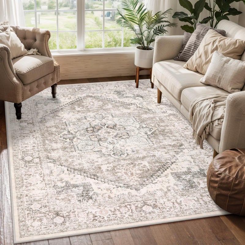 LIVEBOX 5x7 Area Rugs for Living Room, Washable Nursery Beige Neutral Boho Rug, Soft Non-Slip, Low-Pile Vintage Medallion, Retro Faux Wool for Dining Room, Bedroom, Office - Image 1