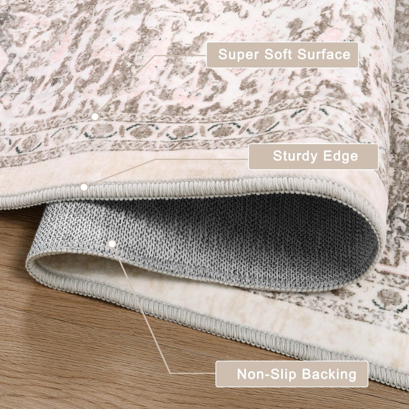 LIVEBOX 5x7 Area Rugs for Living Room, Washable Nursery Beige Neutral Boho Rug, Soft Non-Slip, Low-Pile Vintage Medallion, Retro Faux Wool for Dining Room, Bedroom, Office - Image 2