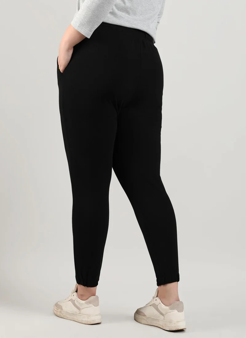 Instafab Plus Women's Solid Black Trackpants For Casual Wear | Slanted Open Pockets | Elasticated Waist | Poly Cotton Trackpants Crafted With Comfort Fit & High Performance For Everyday Wear