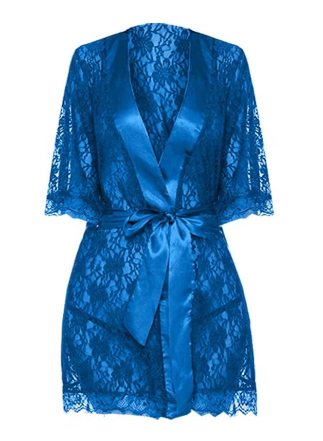 VITION ملابس داخلية للفتيات والنساء بيبي دول ملابس نوم لشهر العسل ملابس داخلية من الدانتيل ومعطف داخلي وملابس نوم وملابس نوم شبكية طويلة طقم ملابس نوم (كبير) أزرق - Image 2
