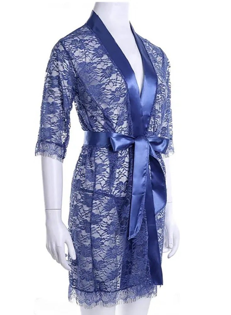 VITION ملابس داخلية للفتيات والنساء بيبي دول ملابس نوم لشهر العسل ملابس داخلية من الدانتيل ومعطف داخلي وملابس نوم وملابس نوم شبكية طويلة طقم ملابس نوم (كبير) أزرق - Image 1