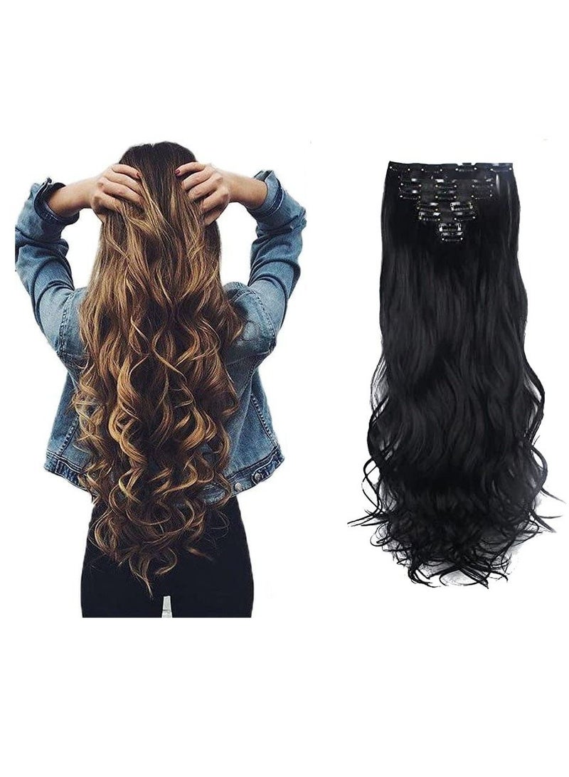 إستيل 7 قطع 16 مقاطع 23 "-24" سميكة مجعد مستقيم كامل الرأس كليب في لحمة مزدوجة الشعر الأسود الداكن مجعد - Image 1