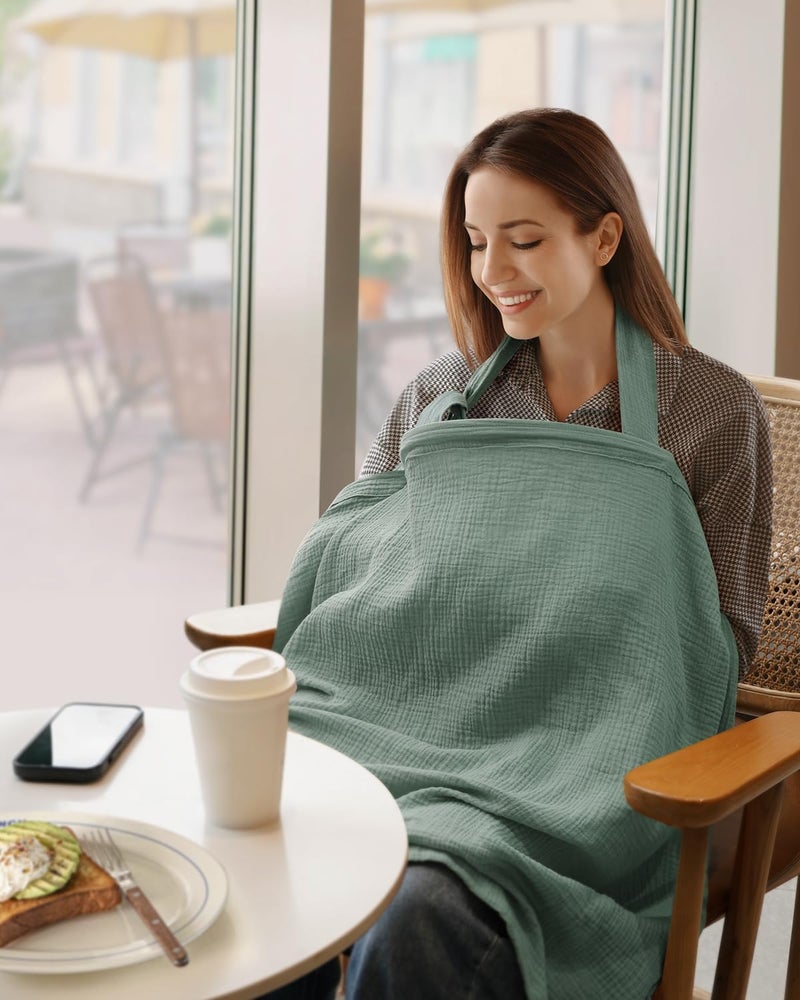 Blissful Diary غطاء رضاعة موسلين يوميات السعادة للرضاعة الطبيعية، غطاء رضاعة قابل للتنفس مع ياقة قوسية للنساء، مئزر رضاعة (أخضر روماني) - Image 4