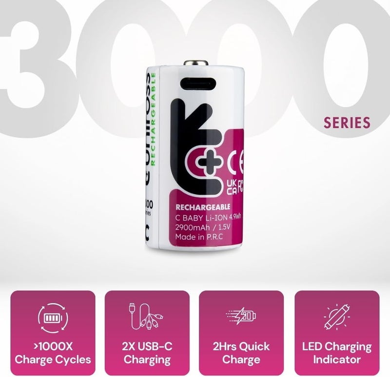 Uniross Lithium USB-C Rechargeable Batteries (C, Pack of 2) - Image 2
