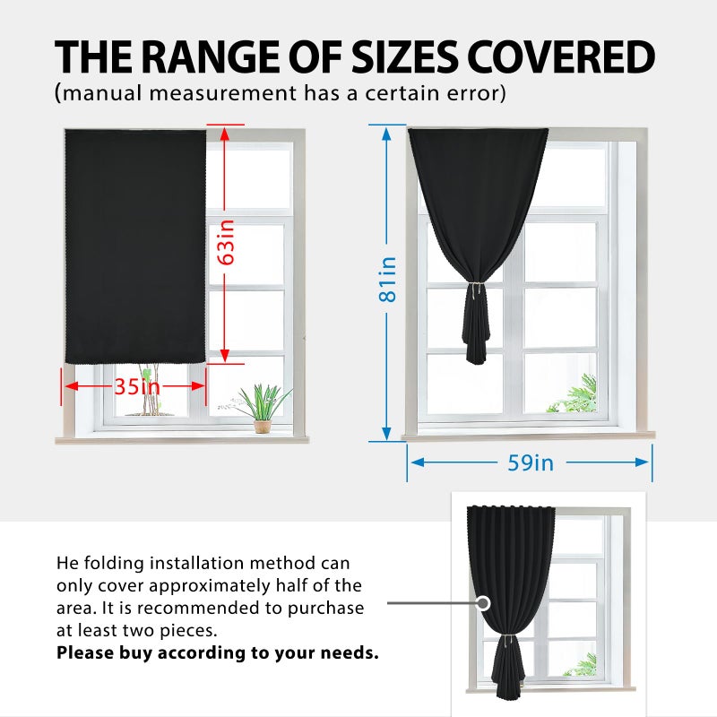 Jilron Autohesion Curtains for Windows,Bedroom Blackout Curtains for - Thermal Lnsulated No Drill Curtains Room Darkening Black Small Drapes, JILRON,(1 Panels,35Wx63L inch-Black) - Image 2