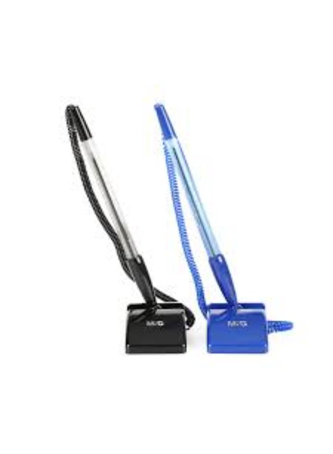 M&G desk penDesk Pen with Stand – Adhesive Base, 180° Rotatable, Soft Grip, Tethered Ballpoint Pen for Office, Reception & Counter Use, Blue and black 2 pcs - Image 2