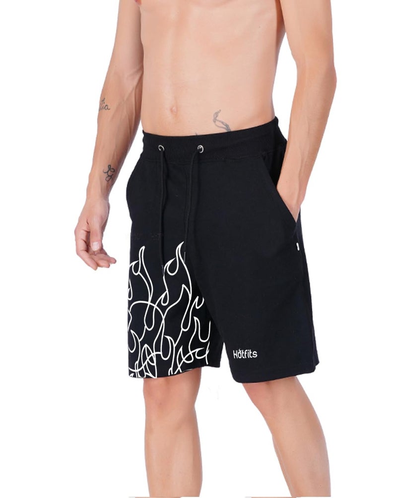 hotfits Men's Casual Printed Black Cotton Regular Shorts, Workout Shorts, Elastic Waist Running Shorts with Pockets - Flame Printed - M - Image 2