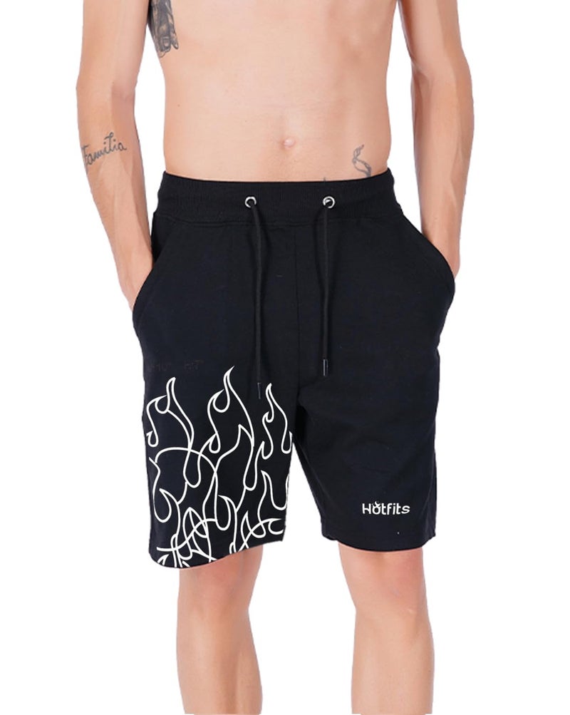 hotfits Men's Casual Printed Black Cotton Regular Shorts, Workout Shorts, Elastic Waist Running Shorts with Pockets - Flame Printed - M - Image 1