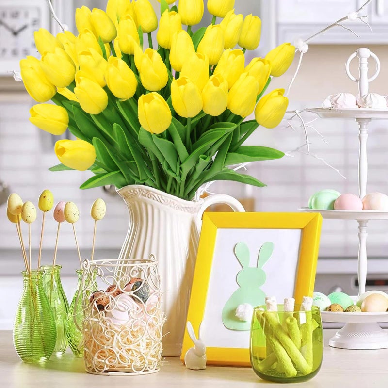 Pseutio 28pcs Yellow Flowers Artificial Tulip Stems Real Feel PU Tulips for Easter Spring Wreath Wedding Bouquet Centerpiece Floral Arrangement Cemetery Table DÃ©cor 13" Tall - Image 3