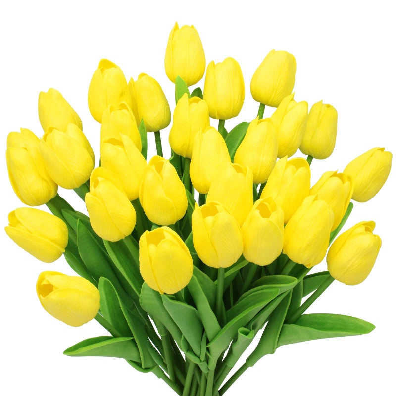 Pseutio 28pcs Yellow Flowers Artificial Tulip Stems Real Feel PU Tulips for Easter Spring Wreath Wedding Bouquet Centerpiece Floral Arrangement Cemetery Table DÃ©cor 13" Tall - Image 1