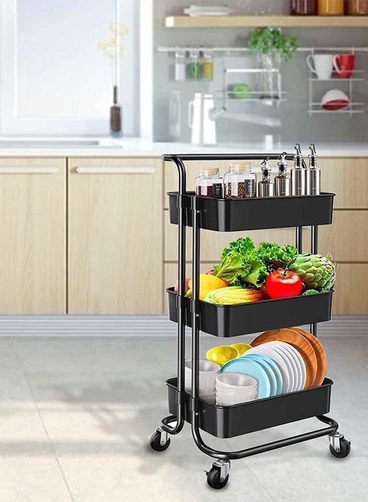 DubaiGallery Storage Trolley, 3-Tier Rolling Utility Cart,Storage Organizer, Multifunction Storage Trolley Service Cart With Mesh Basket Handle And Lockable Caster Wheels, Mobile Shelves For Bathroom, Kitchen - Image 4