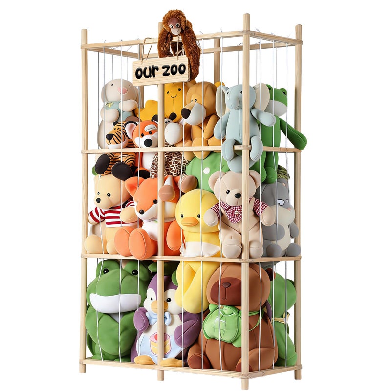 LAMU Stuffed Animal Storage, Wooden Zoo Stuffed Animal Holder with Elastic Cords, Space Save Plush Toy Cage, Double Capacity Extra Large Stuffed Animal Organizer for Playroom, Bedroom, Nursery, 31" W - Image 1