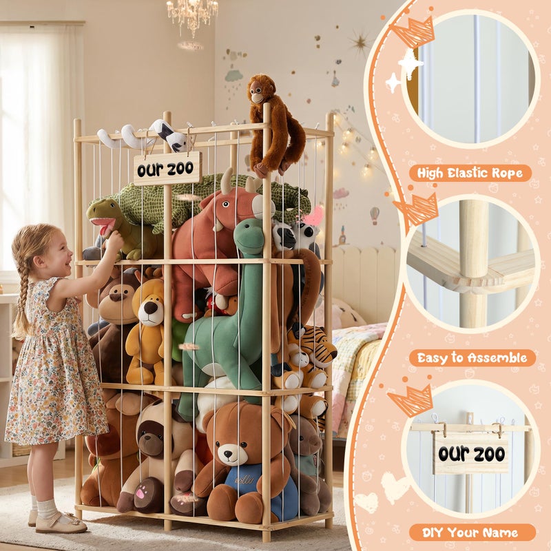 LAMU Stuffed Animal Storage, Wooden Zoo Stuffed Animal Holder with Elastic Cords, Space Save Plush Toy Cage, Double Capacity Extra Large Stuffed Animal Organizer for Playroom, Bedroom, Nursery, 31" W - Image 4