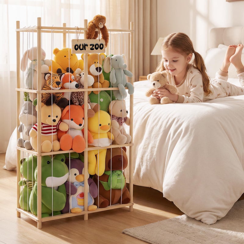 LAMU Stuffed Animal Storage, Wooden Zoo Stuffed Animal Holder with Elastic Cords, Space Save Plush Toy Cage, Double Capacity Extra Large Stuffed Animal Organizer for Playroom, Bedroom, Nursery, 31" W - Image 2