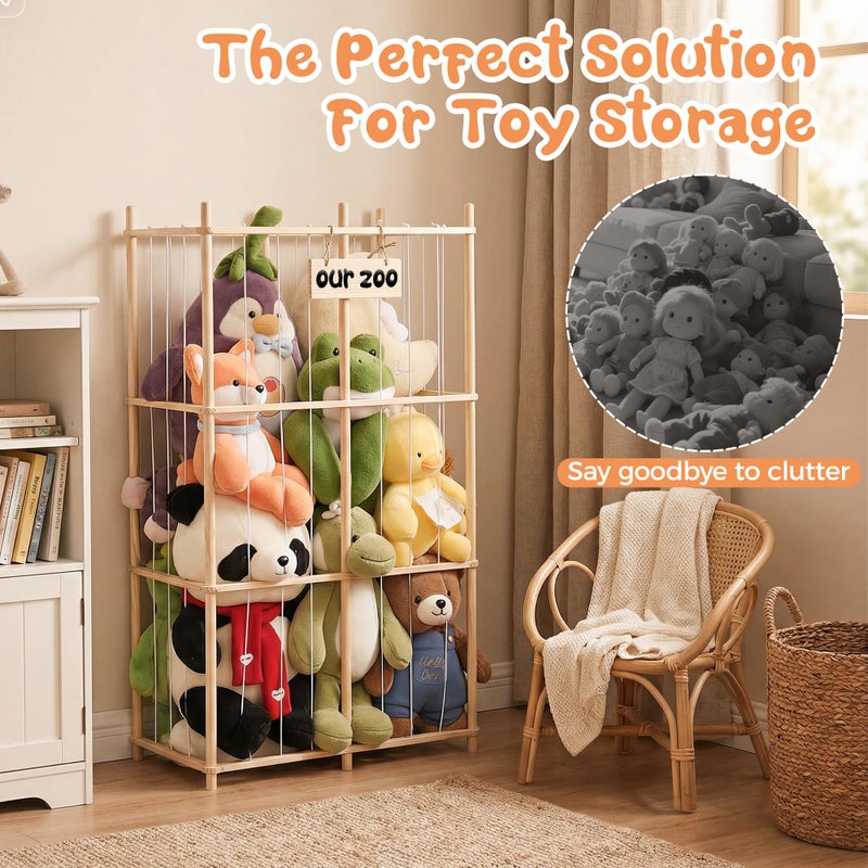 LAMU Stuffed Animal Storage, Wooden Zoo Stuffed Animal Holder with Elastic Cords, Space Save Plush Toy Cage, Double Capacity Extra Large Stuffed Animal Organizer for Playroom, Bedroom, Nursery, 31" W - Image 5