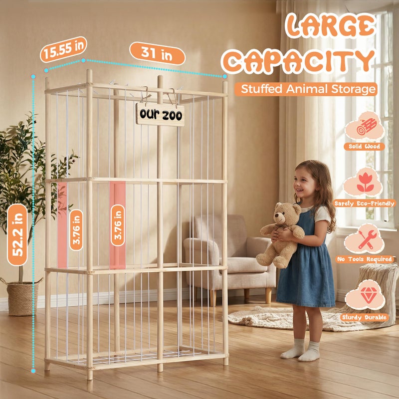 LAMU Stuffed Animal Storage, Wooden Zoo Stuffed Animal Holder with Elastic Cords, Space Save Plush Toy Cage, Double Capacity Extra Large Stuffed Animal Organizer for Playroom, Bedroom, Nursery, 31" W - Image 3