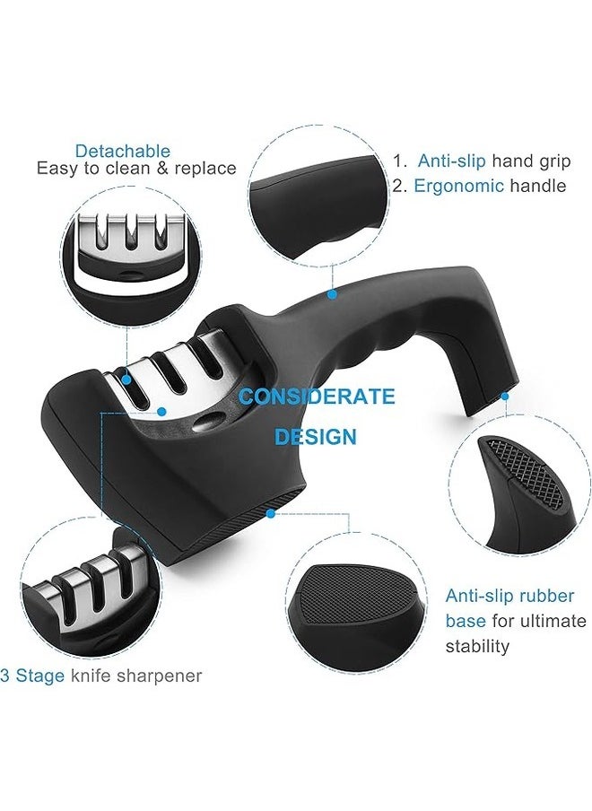 Kitchen Knife Sharpener  Professional 3 IN 1 Stage Manual Sharpeners Ergonomic Handle and Non Slip Base Safe Sharpening Tool Easily Honing Knives in a Breeze, Black