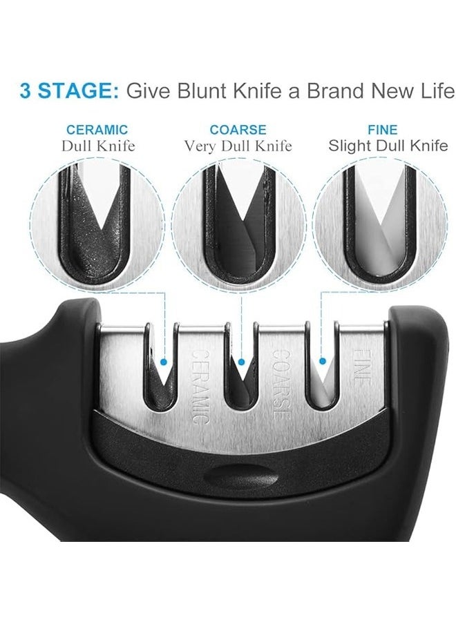 Kitchen Knife Sharpener  Professional 3 IN 1 Stage Manual Sharpeners Ergonomic Handle and Non Slip Base Safe Sharpening Tool Easily Honing Knives in a Breeze, Black
