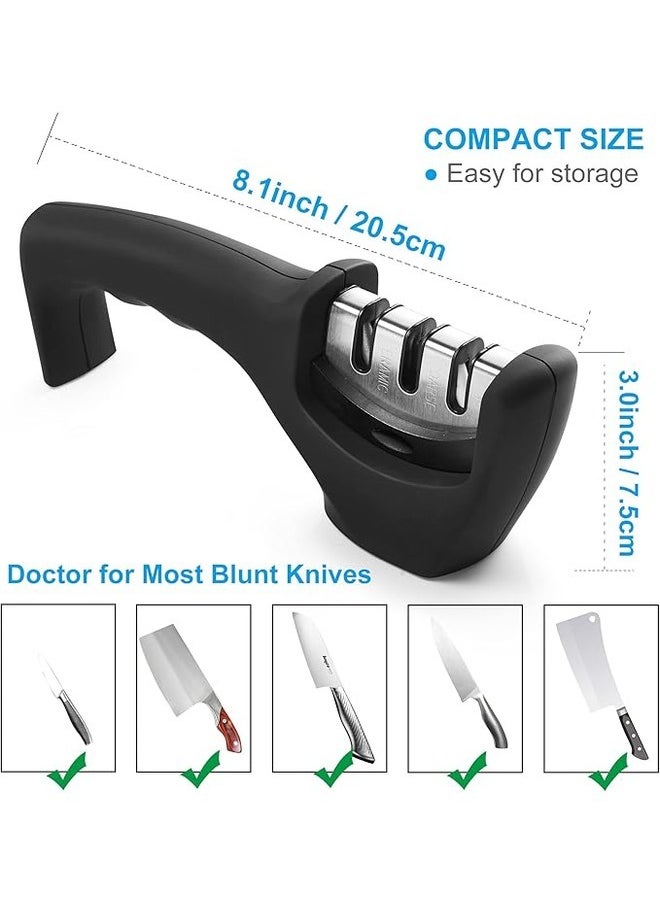 Kitchen Knife Sharpener  Professional 3 IN 1 Stage Manual Sharpeners Ergonomic Handle and Non Slip Base Safe Sharpening Tool Easily Honing Knives in a Breeze, Black