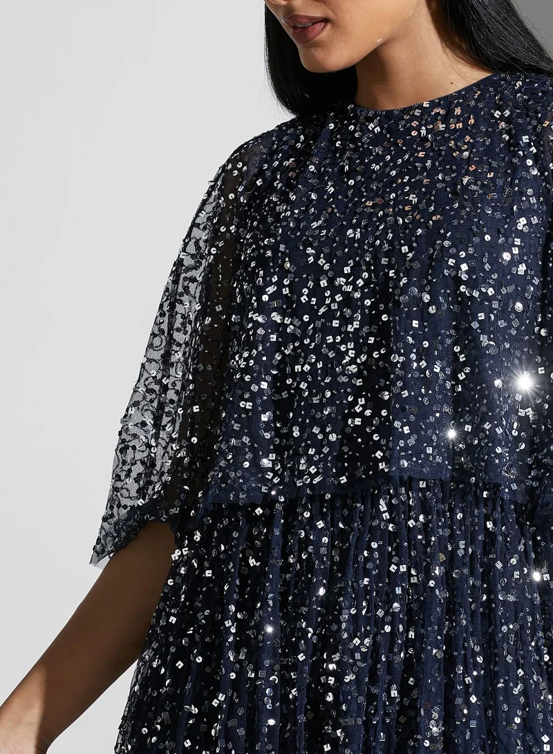 Frock and Frill Ruffle Sleeve Sequin Detail Dress