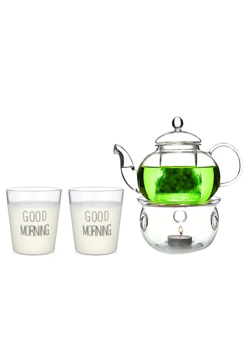 1Chase Glass Teapot with Burner and Good Morning Printed Glass 2 Pcs set