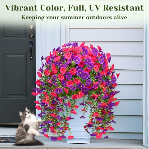 Dolicer 2 Pack Look Real Artificial Flowers for Outdoors, Fake Artificial Hanging Flowers for Outdoors Realistic UV Resistant Hanging Flowers Silk Petunia Faux Flowers for Porch Patio(Purple+Rose Red) - Image 3