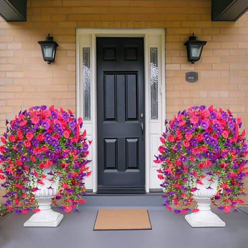 Dolicer 2 Pack Look Real Artificial Flowers for Outdoors, Fake Artificial Hanging Flowers for Outdoors Realistic UV Resistant Hanging Flowers Silk Petunia Faux Flowers for Porch Patio(Purple+Rose Red) - Image 5