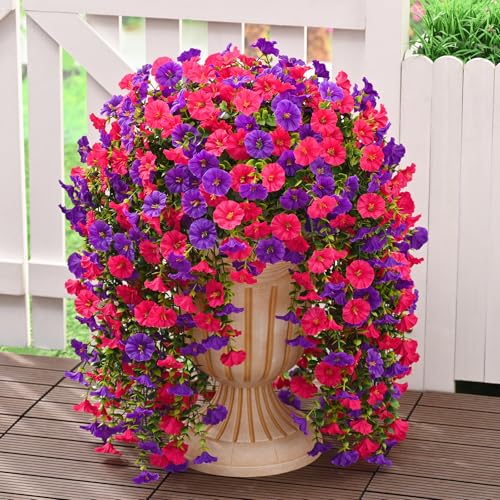 Dolicer 2 Pack Look Real Artificial Flowers for Outdoors, Fake Artificial Hanging Flowers for Outdoors Realistic UV Resistant Hanging Flowers Silk Petunia Faux Flowers for Porch Patio(Purple+Rose Red) - Image 1