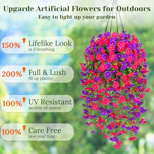 Dolicer 2 Pack Look Real Artificial Flowers for Outdoors, Fake Artificial Hanging Flowers for Outdoors Realistic UV Resistant Hanging Flowers Silk Petunia Faux Flowers for Porch Patio(Purple+Rose Red) - Image 2