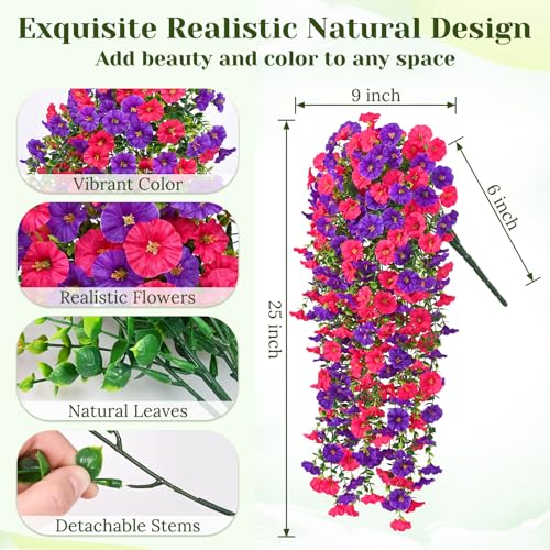 Dolicer 2 Pack Look Real Artificial Flowers for Outdoors, Fake Artificial Hanging Flowers for Outdoors Realistic UV Resistant Hanging Flowers Silk Petunia Faux Flowers for Porch Patio(Purple+Rose Red) - Image 4