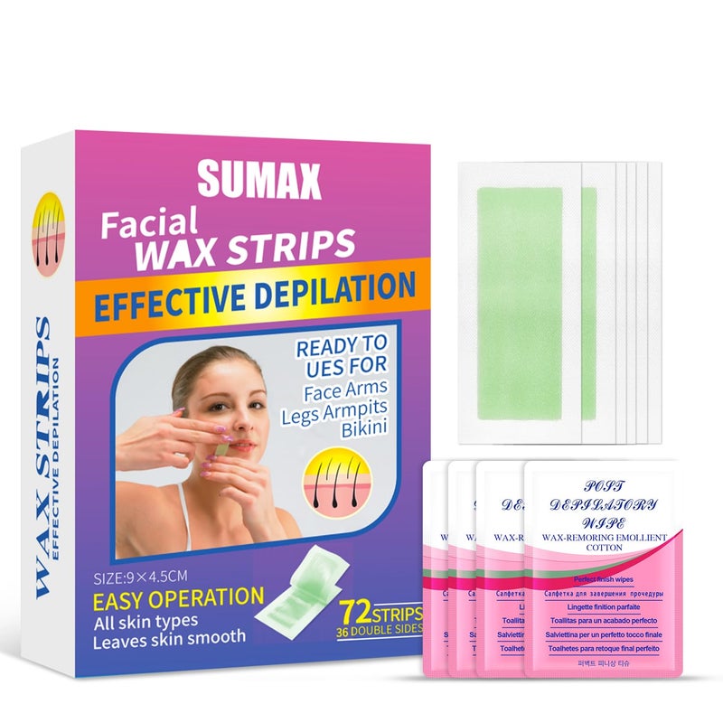 Sumax Wax Strips for Body Hair Removal 72 Pieces Natural Beeswax Essence and Jojoba Seed Oil Hair Removal Strips for Face Underarms Bikini Legs  Includes 4 Calming Oil Wipes