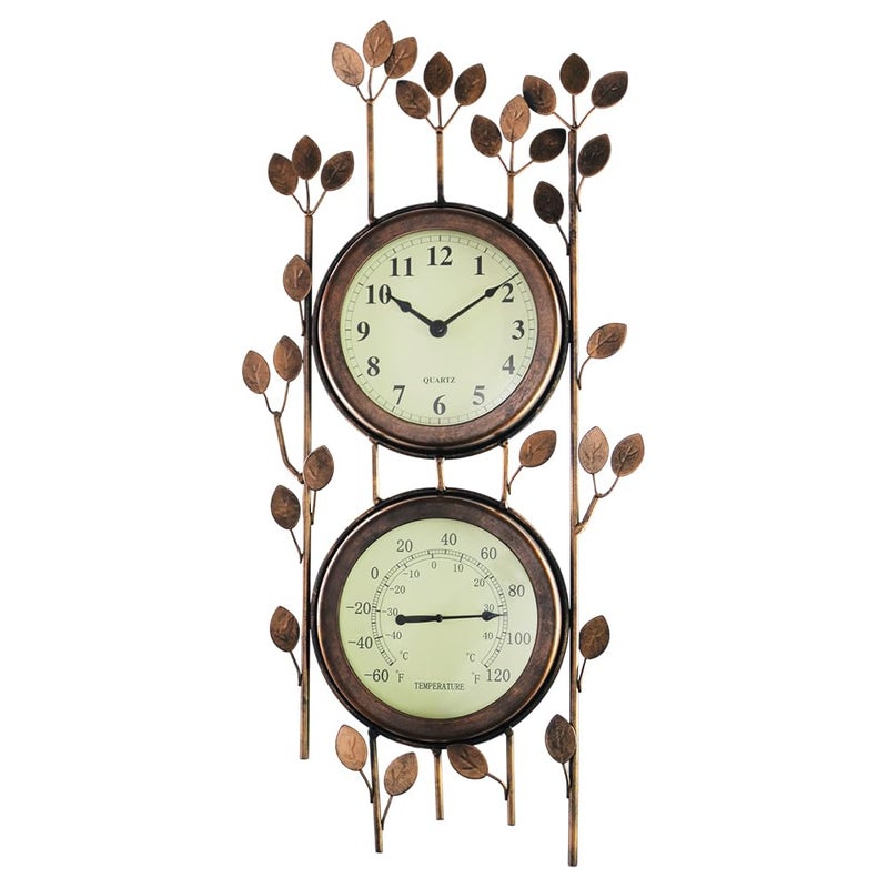 BESTIME BESTIME 66059 Twoinone Leaf Design Metal ClockWall Art ClockThermometerInterior and Outdoor DecorationWhether IndustrialCountryRusticGardenFarmhouseYardHomeOffice LivingKitchenBedroom 