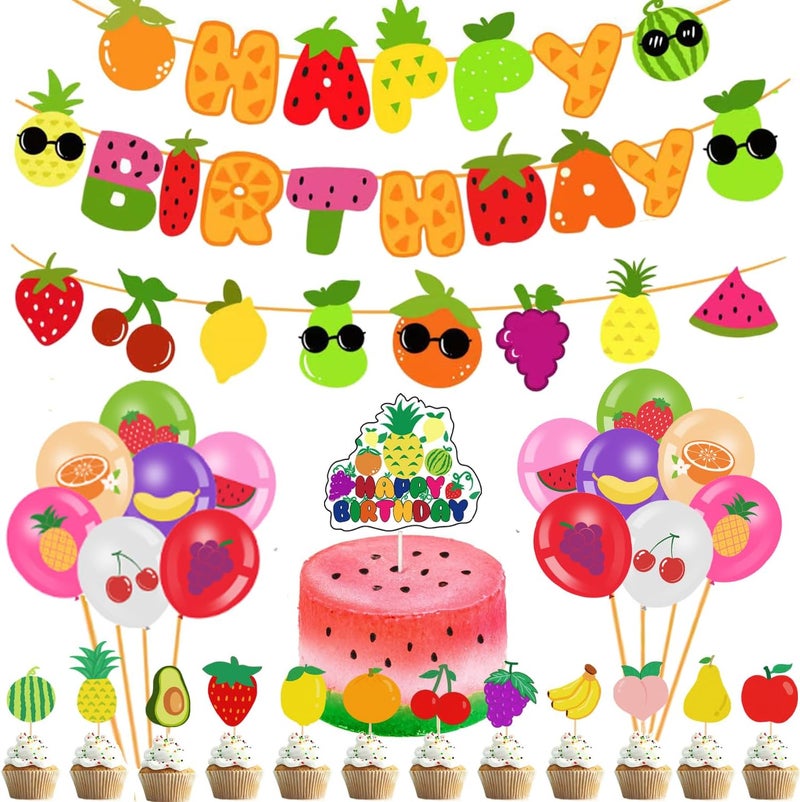 Finypa Cute Sensory Fruit Birthday Decorations 1st Fruit Theme Party Supplies Cake Cupcake Toppers Fruit Theme Happy Birthday Banner Balloons for Boys and Girls Party Birthday Baby Shower Supplies Decor - Image 1