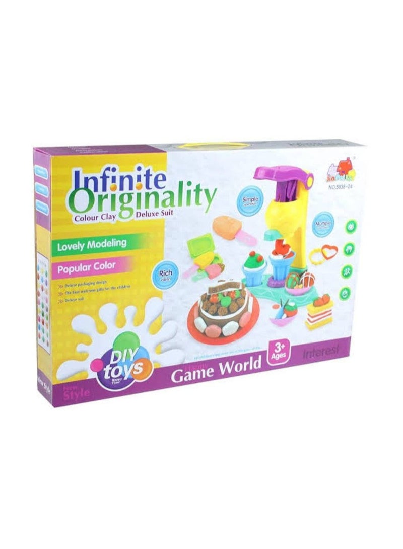 طقم صلصال Infinite Originality 🍔 لعبة ممتعة ومبتكرة للأطفال من عمر 3 سنوات فما فوق! 🎨 يحتوي على عجين ملون وأدوات تشكيل وقوالب لإنشاء أشكال مرحة: آيس كريم، هامبرغر، وحلويات لذيذة 🧩 محطة لعب تفاعلية لتطوير الإبداع والخيال لدى الأطفال 👶 مثالي لتنمية مهارات اليدين والتركيز بطريقة ممتعة وآمنة