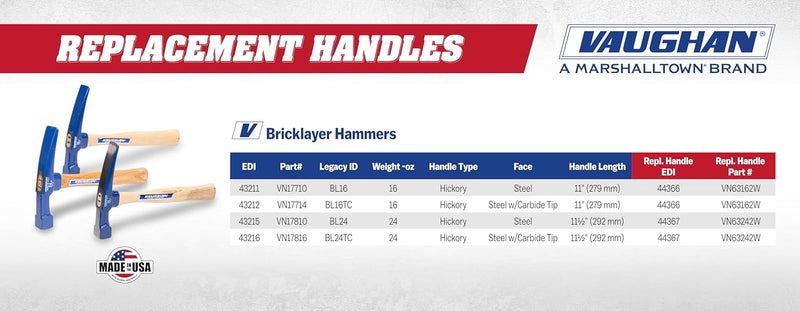 Vaughan Brick Layers Hammer, 24 oz Steel Masonry Hammer, Made In The USA, BL24, VN17810 - Image 5