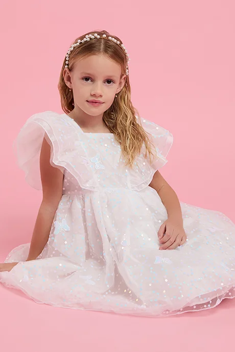 R&b Sequined Fit & Flare Dress with Square Neck and Ruffle Sleeves