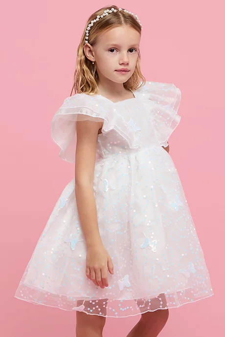 R&b Sequined Fit & Flare Dress with Square Neck and Ruffle Sleeves
