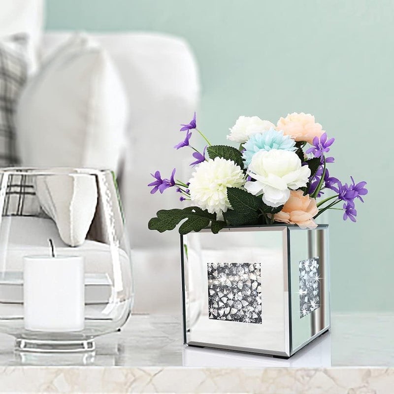 ALLARTONLY Crushed Diamond Mirrored Vase 6x6x6 inch Crystal Silver Glass Stunning Decorative Vase Flower Luxury for Home Decor. Can’t Hold Water. - Image 5