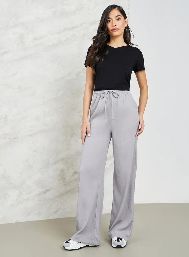 Styli Textured Wide Leg Pants with Side Pocket