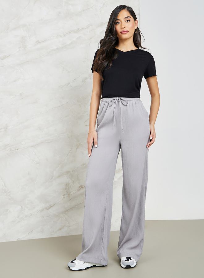 Styli Textured Wide Leg Pants with Side Pocket - Image 2