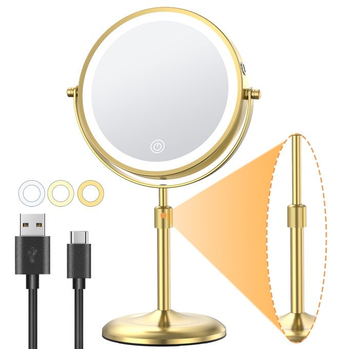 7 LIGHTED MAKEUP MIRROR WITH MAGNIFICATION 10X1X HEIGHT ADJUSTABLE 3 COLOR DIMMABLE LIGHTS 360 SWIVEL DOUBLE SIDED LIGHT UP RECHARGEABLE LED COSMETIC VANITY CORDLESS STANDING MIRROR