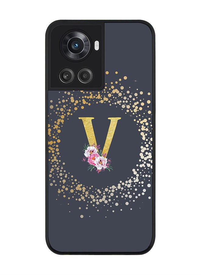 Stylizedd Rugged Black edge case for OnePlus 10R 5G/OnePlus Ace 5G Slim fit Soft Case Flexible Rubber Edges Anti Drop TPU Gel Thin Cover - Custom Monogram Initial Letter Floral Pattern Alphabet - V (Grey ) - Image 1