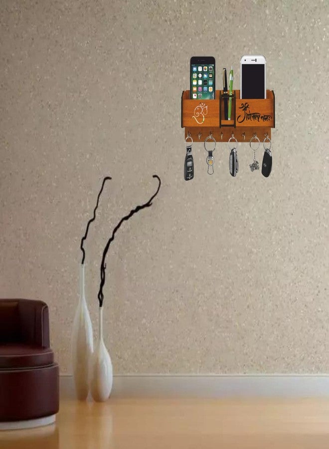 ART PLUS STORE حامل مفاتيح خشبي أنيق من متجر آرت بلس، مناسب للمنزل والمكتب، يُعلق على الحائط، مع حامل للهاتف المحمول، وحامل للأقلام، وصندوق تخزين. - Image 4
