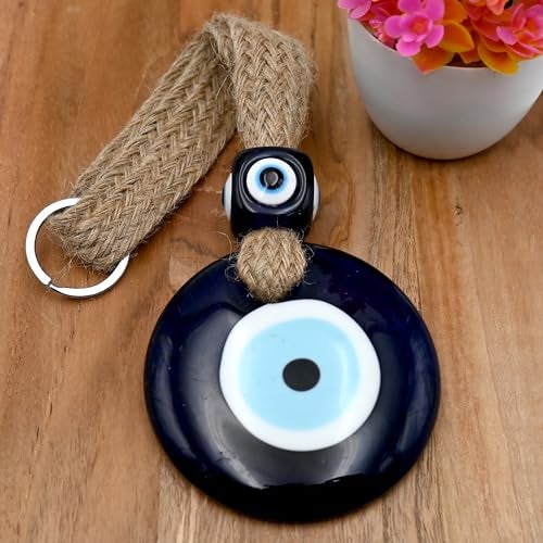 LINENSUTRA Handmade X-Large Turkish Evil Eye Blue Glass with Square Bead Hanging for Good Luck Prosperity Decoration for Home Office Garden|8cm in Diameter. (1BSQ8-2209) - Image 3