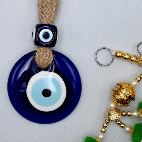 LINENSUTRA Handmade X-Large Turkish Evil Eye Blue Glass with Square Bead Hanging for Good Luck Prosperity Decoration for Home Office Garden|8cm in Diameter. (1BSQ8-2209) - Image 5