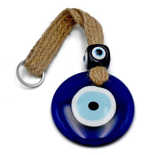 LINENSUTRA Handmade X-Large Turkish Evil Eye Blue Glass with Square Bead Hanging for Good Luck Prosperity Decoration for Home Office Garden|8cm in Diameter. (1BSQ8-2209) - Image 1