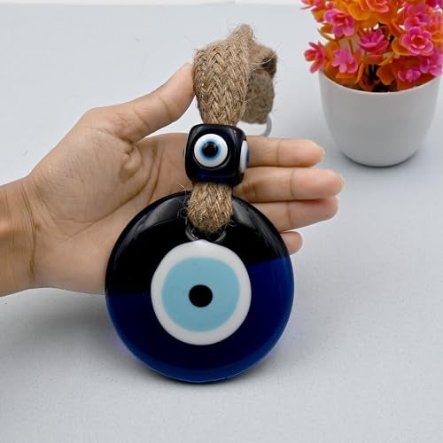 LINENSUTRA Handmade X-Large Turkish Evil Eye Blue Glass with Square Bead Hanging for Good Luck Prosperity Decoration for Home Office Garden|8cm in Diameter. (1BSQ8-2209) - Image 2