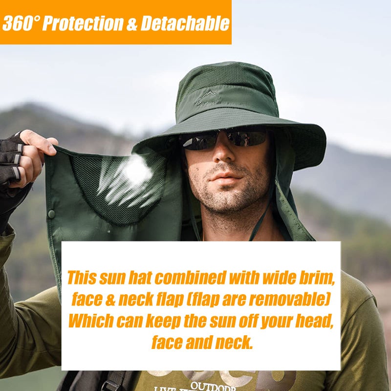 Outrip Fishing Hat for Men & Women, Outdoor UV Sun Protection Wide Brim Hat with Face Cover & Neck Flap Army Green - Image 4