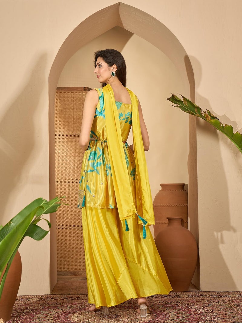 Stylum Women's Yellow Floral Printed & Embroidered Chinon A-Line Short Kurti Palazzo Dupatta Set - Image 2