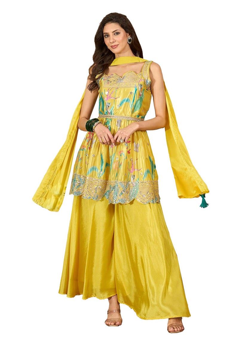 Stylum Women's Yellow Floral Printed & Embroidered Chinon A-Line Short Kurti Palazzo Dupatta Set - Image 1
